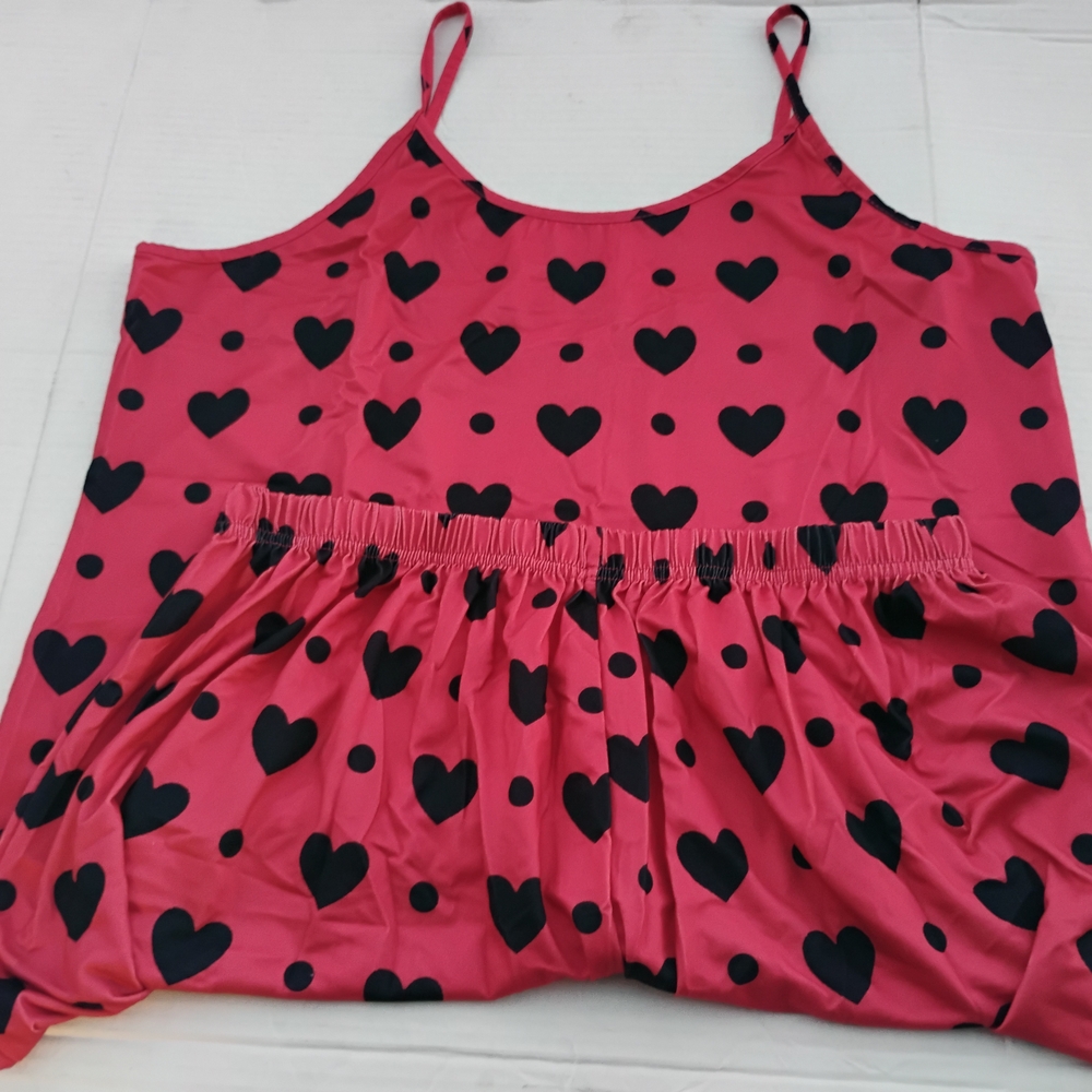 Heart Print Red And Black Camisole Tank Top Short Set